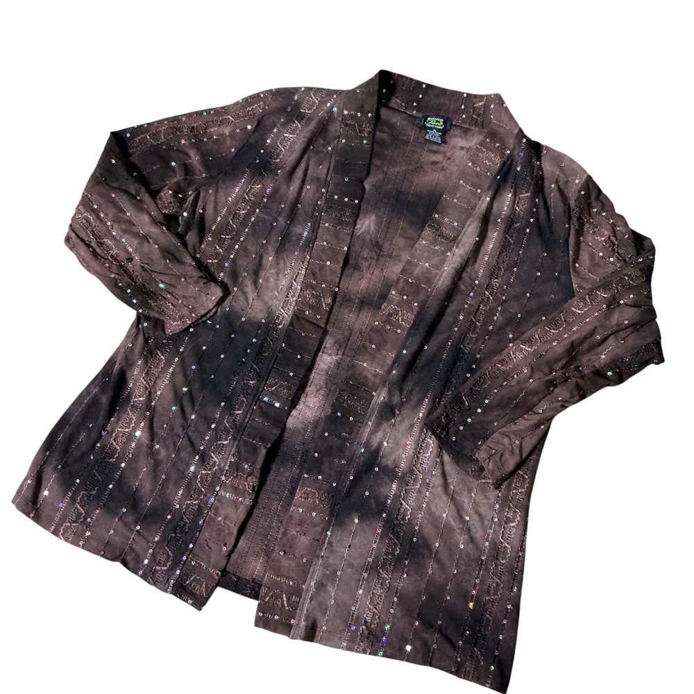 Shannon Ford Sequin Tie Dye Open Cardigan Womens XL Brown Black Whimsigoth Goth